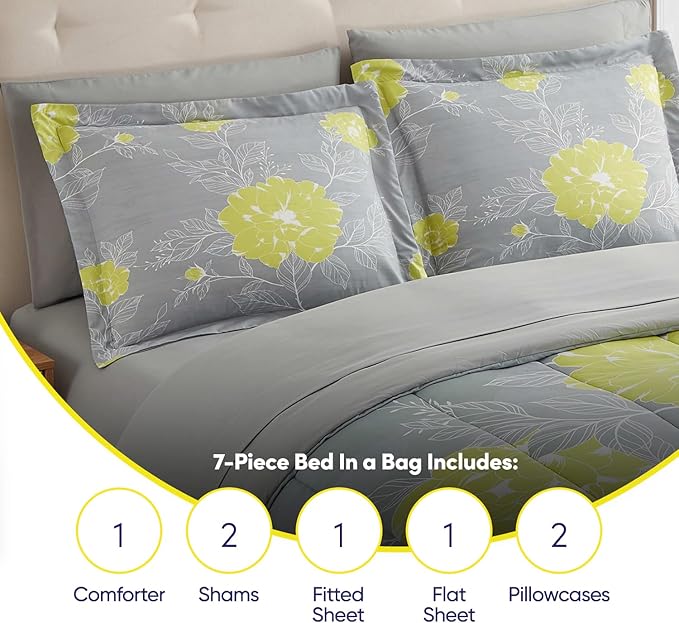 Sweet Home Collection 7 Piece Comforter Set Bag Solid Color All Season Soft Down Alternative Blanket & Luxurious Microfiber Bed Sheets, Florence, Queen