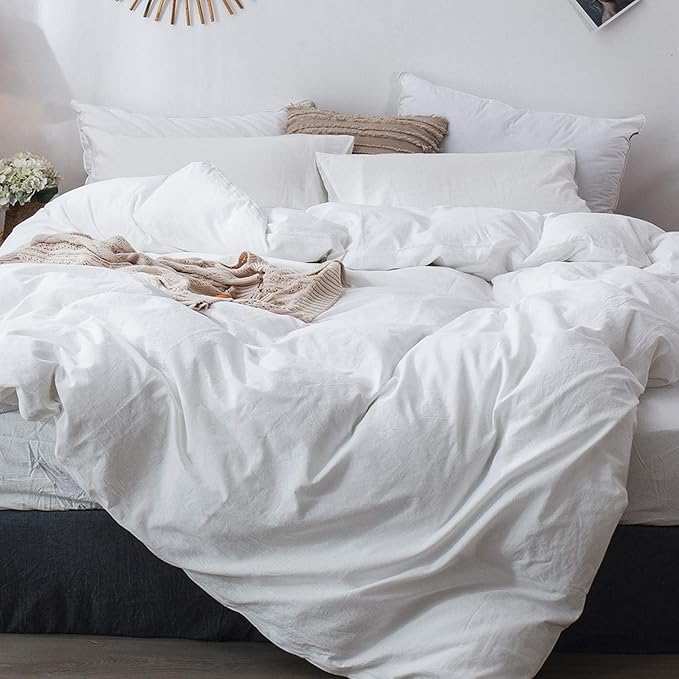 MooMee Bedding Duvet Cover Set 100% Washed Cotton Linen Like Textured Breathable Durable Soft Comfy (Solid Off White, Twin 68"x90")