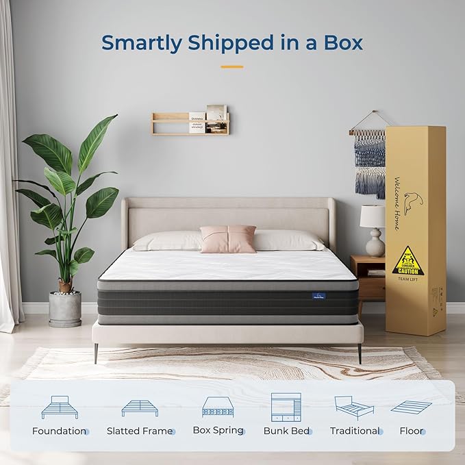 Vesgantti King Mattress, 12 Inch Hybrid King Size Mattress in a Box, Memory Foam and Individually Pocket Spring, Innerspring Mattress for Pressure Relief and Supportive, Medium Firm