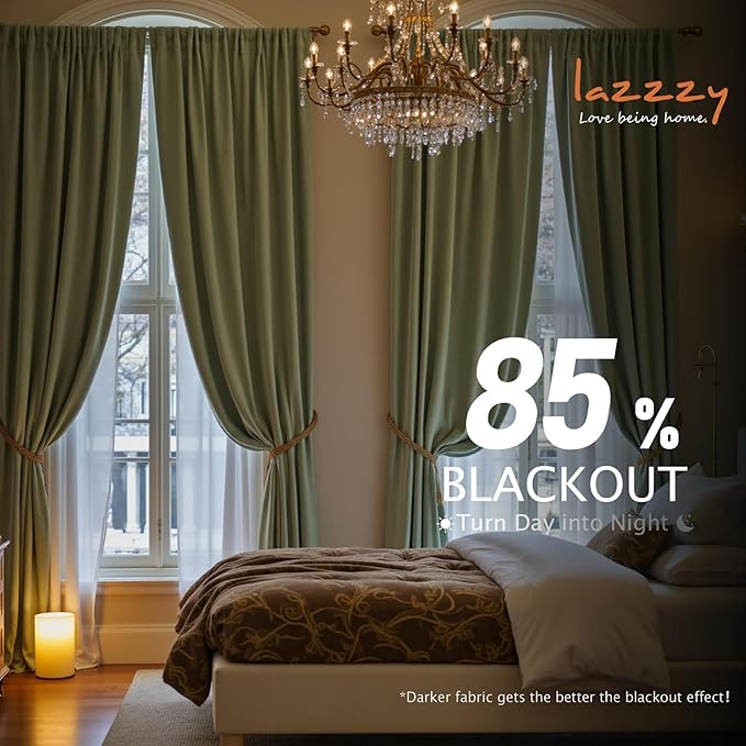 Lazzzy Velvet Blackout Curtains Thermal Insulated Room Window Drapes Super Soft Luxury Curtains for Living Room Bedroom Rod Pocket 2 Panels, Olive Sage, 42" W x 108" L