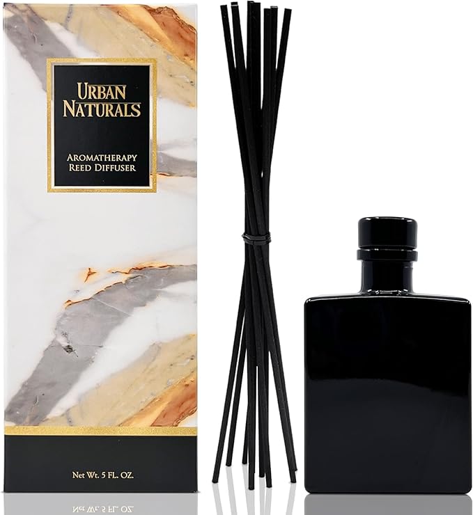 Urban Naturals Mahogany Coconut Reed Diffuser Oil Set – Mahogany, Coconut, Sandalwood, Vanilla & Oakmoss – 5 Ounce Sleek Black Rectangular Refillable Glass Bottle – Made in The USA