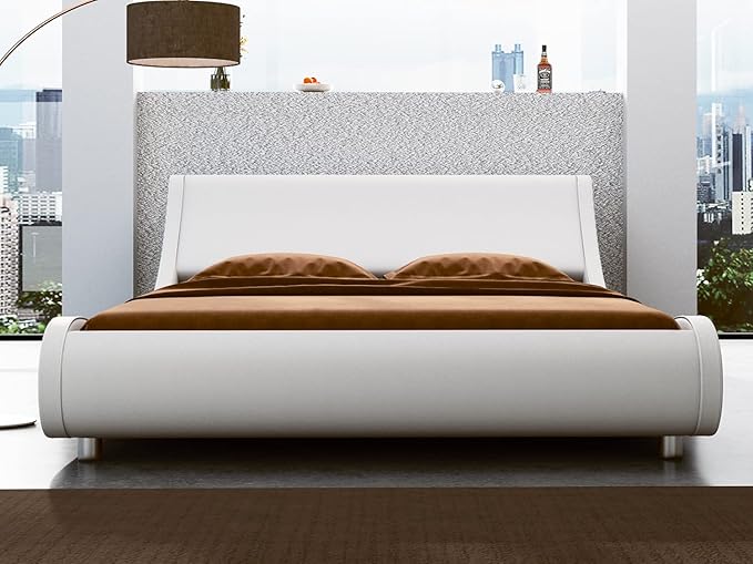 SHA CERLIN Modern Low Profile Platform Bed Frame Full Size, Stylish Faux Leather Upholstered Sleigh Bed with Adjustable Headboard, No Box Spring Needed, White