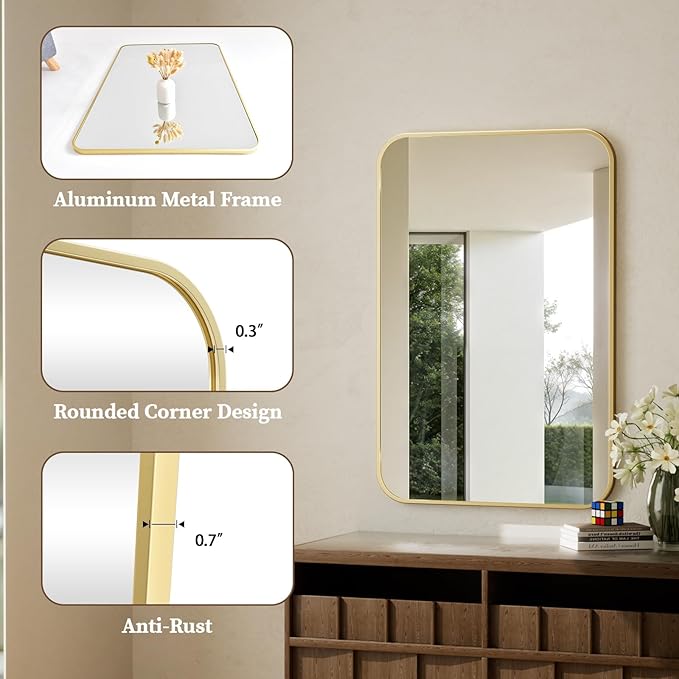 BEAUTYPEAK 20" x 28" Rectangular Aluminum Alloy Frame Wall Mounted Bathroom Mirror with Rounded Corners, Gold