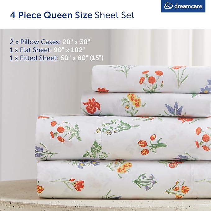 DREAMCARE Queen Size Sheets - Cooling Bed Sheets - 4pcs Set - Queen Sheet Set - Sheets Queen Size Bed - Queen Size Sheet Sets - Soft & Long Lasting 100% Fine Brushed Floral Sheets - Multi Floral