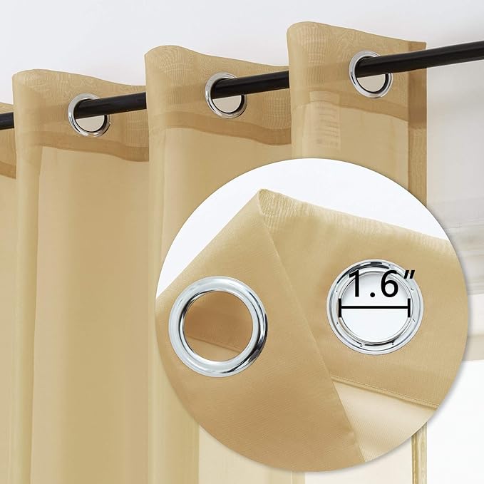 DUALIFE Antique Taupe Brown Sheer Curtains Grommet Light Brown Tan Semi Voile Curtain Panels Window Drapes for Living Room and Bedroom Window Treatments 2 Panels 52 x 72 Inch Natural Taupe