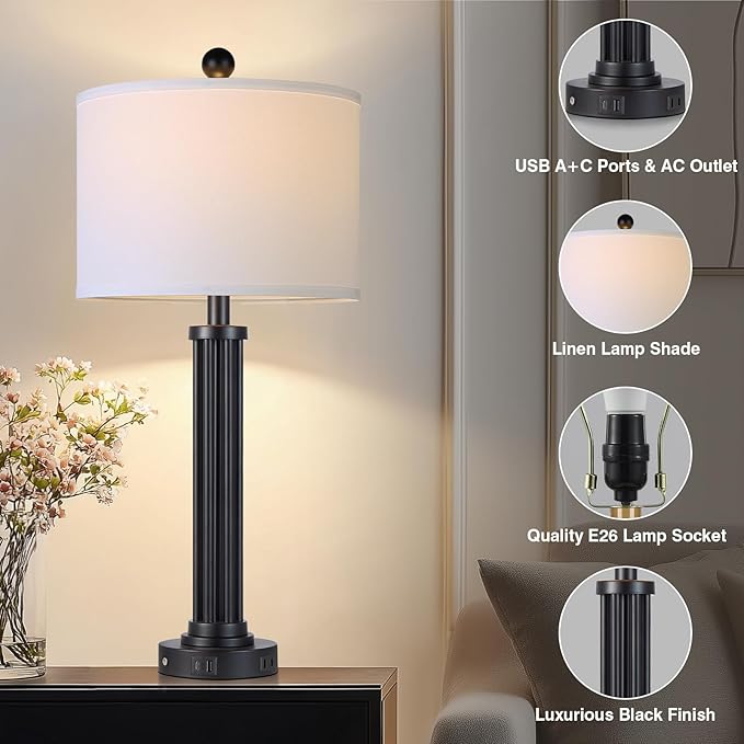 28" Tall Modern Table Lamps Set of 2 with USB C+A Ports and AC Outlet, 3 Way Touch Metal Bedside Lamps for Living Room, Black Nightstand Lamps for Bedroom