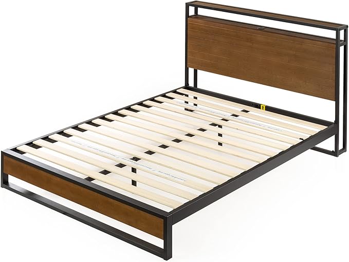 ZINUS Suzanne Bamboo and Metal Platform Bed Frame with Headboard Shelf and USB Ports, No Box Spring Needed, Wood Slat Support, Easy Assembly, King