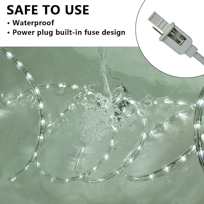 SURNIE Rope Lights Outdoor Waterproof Daylight White: LED 100FT Cuttable Outside Bright 110V Lighting 6000K Connectable Flexible Cool Clear Tube, Indoor Deck Patio Xmas Camping Decor, Not Flat Strip