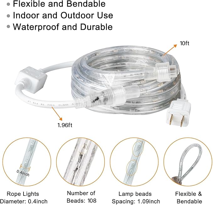 SURNIE LED Rope Lights Outdoor Warm White, Waterproof 10FT Cuttable 3000K Soft Lighting Indoor 110V Flexible Clear Tube for Bedroom Outside Garden Deck Patio Camping Decor, Not Flat Strip