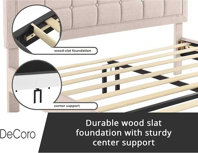 Decoro Mornington Upholstered 2.0 Platform Bed, Button-Tufted Fabric Headboard and Metal Frame with Wood Slat Support, Linen, Queen