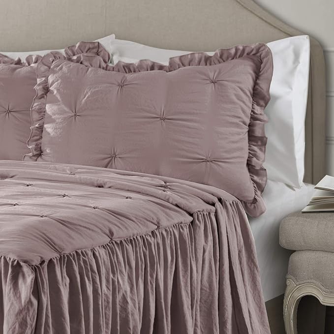 Lush Decor Ravello Pintuck Ruffle Skirt Bedspread Set - Luxe 3 Piece Ruffled Bedding Set - Traditional Glam & Farmhouse Inspired Bedroom Decor - King, Woodrose