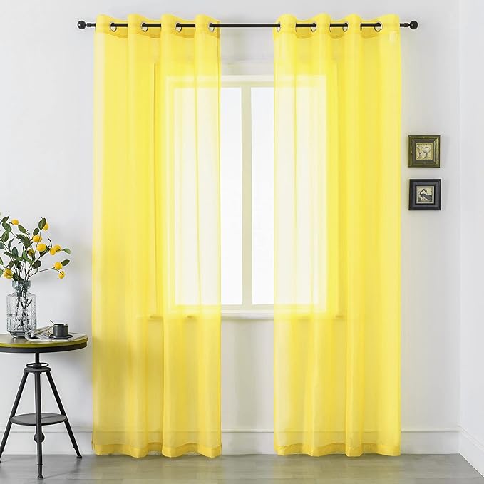 DUALIFE Yellow Sheer Curtains 84 Inches Long for Living Room Set 2 Grommet Look Soft Semi Transparent Voile Drape Window Sheer Curtains for Bedroom Boys 52x84 Length Solid Bright Color