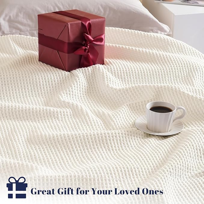 PHF 100% Cotton Waffle Weave Blanket Queen Size for Bed,Snag Proof Lightweight Breathable Moisture-Wicking Throw for Couch,Great for Layering in Cold Weather,Machine Washable, Home Decor Gift-Cream