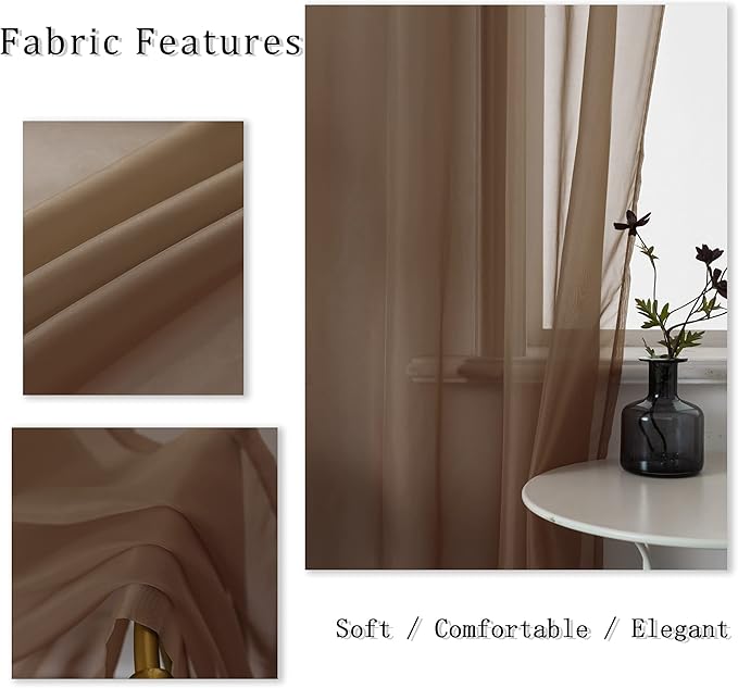 DUALIFE Chocoalate Brown Sheer Curtains 108 Inches Long Voile Panels Drapes Grommet Curtain Sheers for Living Room Transparent Bedroom Light Filtering Window Treatments 2 Panels 52x108 Inch Dark Brown