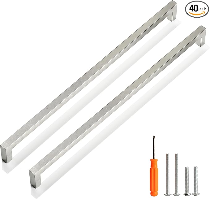 Cabinet Pulls Brushed Nickel Cabinet Handles Square Drawer Pulls, 40 Pack 15 Inch Stainless Steel Kitchen Door Cupboard Cabinet Handles, Cabinet Hardware Drawer Handles, 384mm Hole Centers
