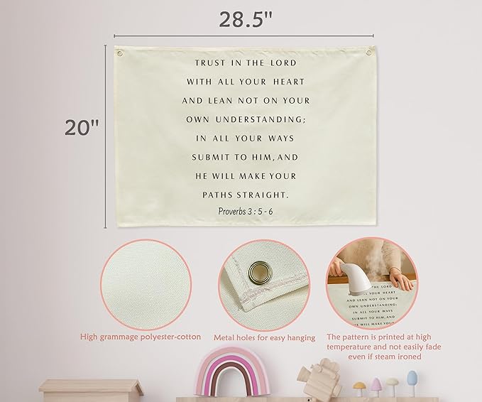 Trust in the Lord Christian Bible Verse Scripture Rectangular Canvas Banner-Flag Poster Wall Sign Decor for Toddler Boy Girl Kids,Nursery Baby Room Bedroom Decor-Baby Shower Birthday Christmas Gift