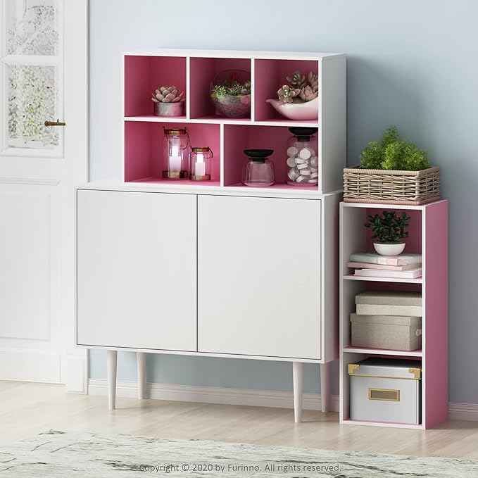 Furinno LUDER Book Shelf, 5-Cube Bookshelf, Reversible Bookcase, 9.4" x 19.5" x 31.5", for Living Room, Bedroom, Home Office, White/Pink