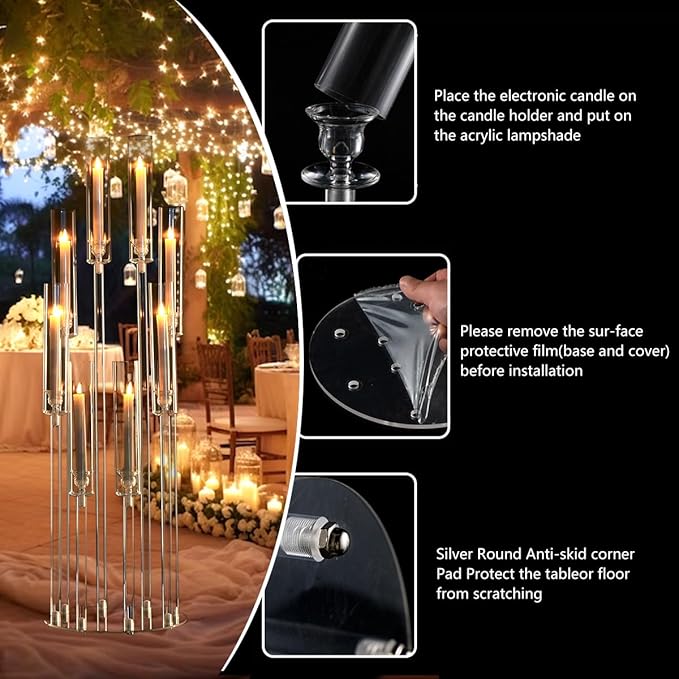 VINCIGANT 8 Arms Clear Candlesticks Holder for Wedding Decorations,Tall Arcylic Candelabra Candle Holder with Shade for Valentines Day Events Party Table Centerpiece,Fit LED Candles