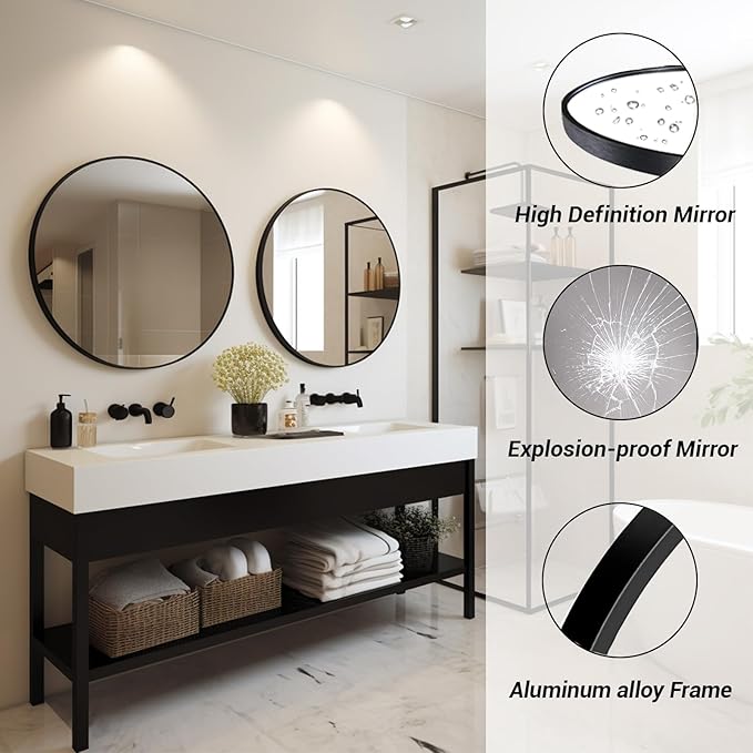 Round Mirror 30 inch, Large Round Mirror, Black Circle Mirrors Aluminum Frame, Circle Mirrors for Wall, Bathroom, Living Room, Hallway.