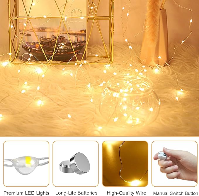 20 Pack Fairy Lights Battery Operated - 3 Speed Modes, 7Ft 20 LED String Twinkle Lights, Waterproof Copper Wire, Mini Firefly Light for Mason Jars Vases Christmas Decor, Warm White