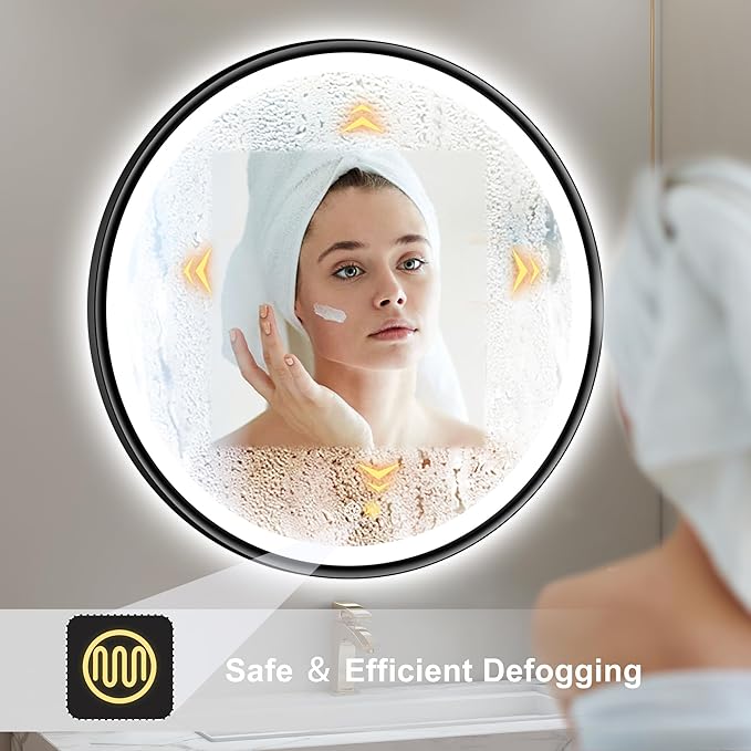 S'bagno 32'' Round Black LED Mirror for Bathroom with Frontlit & Backlit, LED Vanity Mirror with Metal Frame, Anti-Fog, Stepless Dimmable, 3 Color Temperature