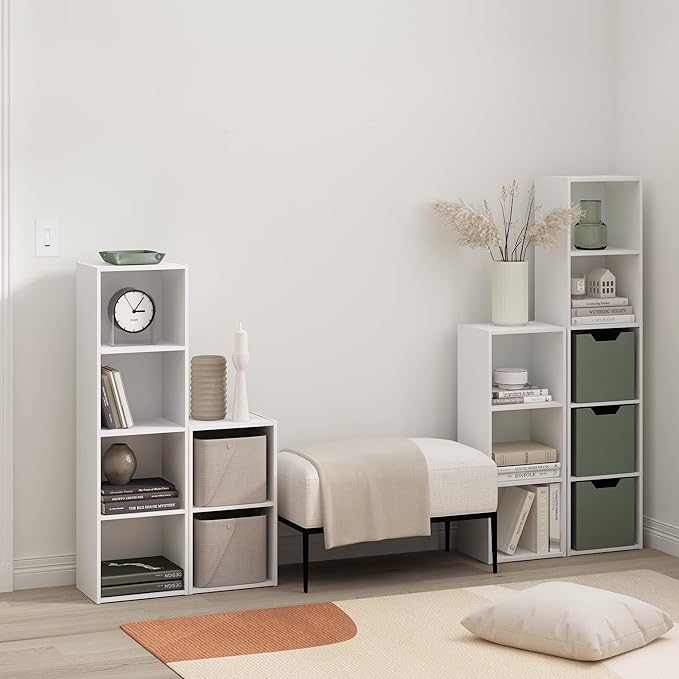 Furinno PASIR Book Shelf, 4-Tier Modern Bookshelf, Open Shelves Bookcase 9" x 12" x 42", for Living Room, Bedroom, Home Office, White