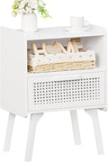 Lerliuo Rattan Nightstand, Side Table with Drawer Open Shelf, Cane Accent Bedside End Table with Solid Wood Legs, Mid Century Modern Night Stand for Bedroom, Dorm and Small Spaces (White)