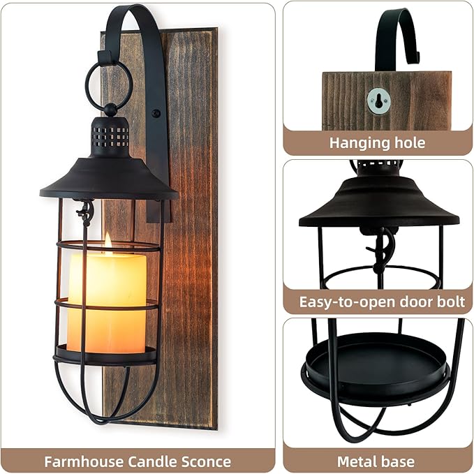Wall Sconces Candle Holder: Set of 2 Farmhouse Wall Lantern Decor Wood Brown Decorations Indoor for Living Room Front Door Porch