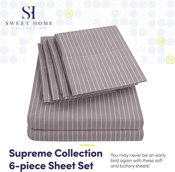 Queen Sheets Pinstripe Gray - 6 Piece 1500 Supreme Collection Fine Brushed Microfiber Deep Pocket Queen Sheet Set Bedding - 2 Extra Pillow Cases, Great Value, Queen, Pinstripe Gray