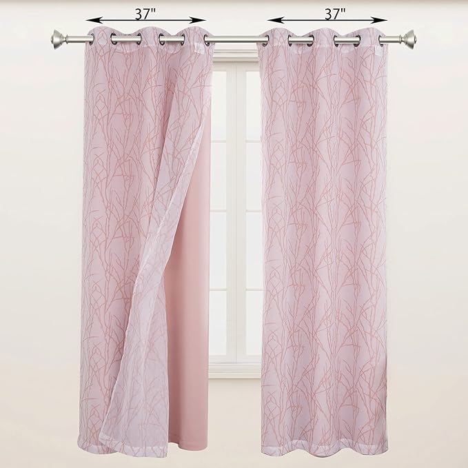 BONZER Mix and Match Curtains - 2 Pieces Branch Print Sheer Curtains and 2 Pieces Blackout Curtains for Bedroom Living Room Grommet Window Drapes, 37x95 Inch/Panel, Blush, Set of 4 Panels
