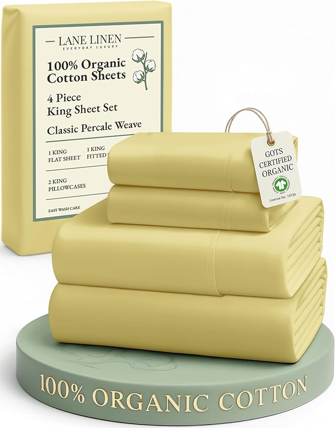 LANE LINEN 100% Organic Cotton King Bed Set, Soft & Comfy Luxury Hotel Feel Crisp Percale Weave, Machine Washable Mercerized Cotton Bedding Sets & Collections King Size- Cocoon