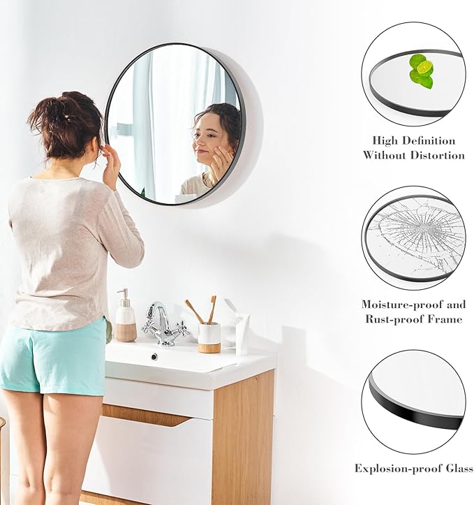 Sweetcrispy Black Round Wall Mirror 24 Inch, Bathroom Mirrors for Over Sink, Circle Mirror for Bathroom, Entryway, Bedroom, Vanity