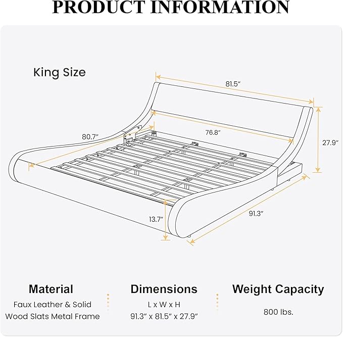 SHA CERLIN Modern Low Profile Platform Bed Frame King Size, Stylish Faux Leather Upholstered Sleigh Bed with Ergonomics Headboard, No Box Spring Needed, Black & White