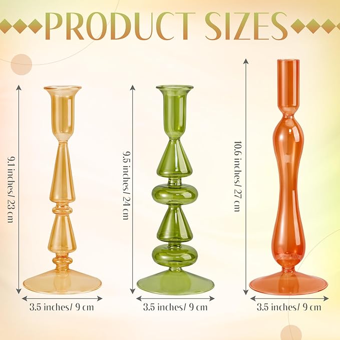 Mumufy 3 Pcs Thanksgiving Glass Candlestick Holders Thanksgiving Ball Shaped Glass Taper Candle Holder Amber Olive Honey Gold Fall Candle Stick Vase Decor for Holiday(9.1, 9.5, 10.6 inch,Cute)