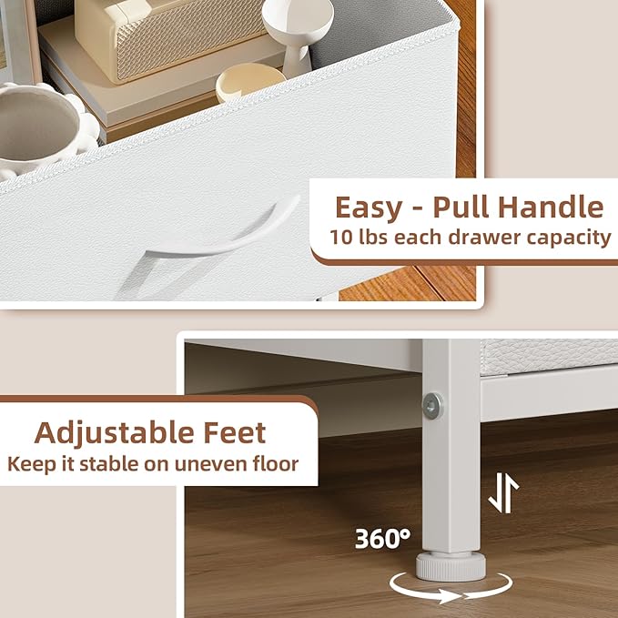 Somdot Nightstand, Small Dresser for Bedroom with 2 Drawers, Bedside Table Night Stand End Table with Fabric Bins for Bedroom Kids Closet Dorm Guest Room, White Leather