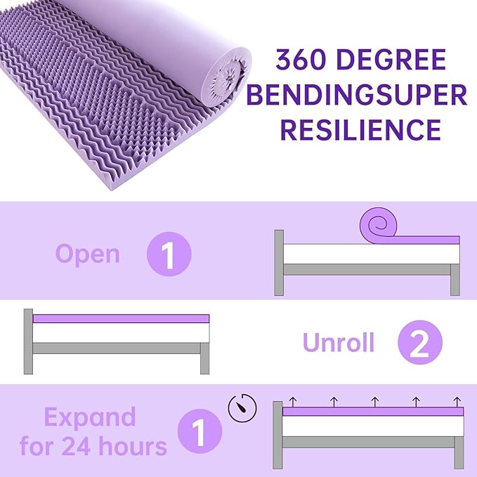 MUXHOMO 3 Inch 7-Zone Queen Mattress Topper, Egg Crate Foam Mattress Topper Queen Size for Back Pain, Lavender Cooling Gel Infused Bed Pad, CertiPUR-US and Oeko-TEX Certification (60"×80")