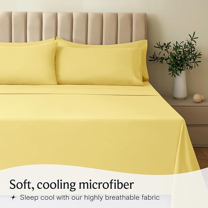 LuxClub 4 PC Sheet Set Bed Sheets Deep Pockets 16" Eco Friendly Wrinkle Free Cooling Machine Washable Hotel Bedding Silky Soft - Lemon Queen