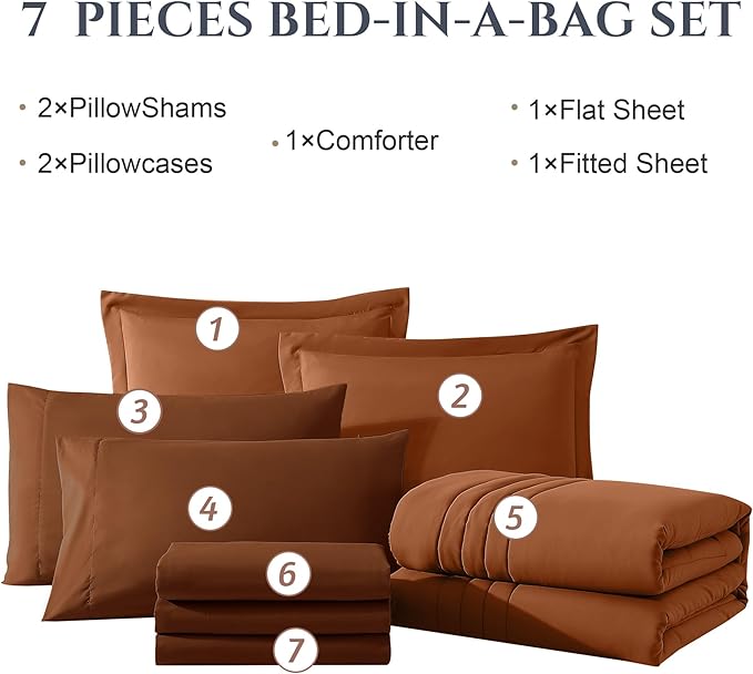 Monbix King Size Comforter Set - 7 Pieces Bed in a Bag King, Burnt Orange Bedding Sets with Comforter, All Seasons Down Alternative Comforter Bed Set with Sheets, Pillowcases & Shams