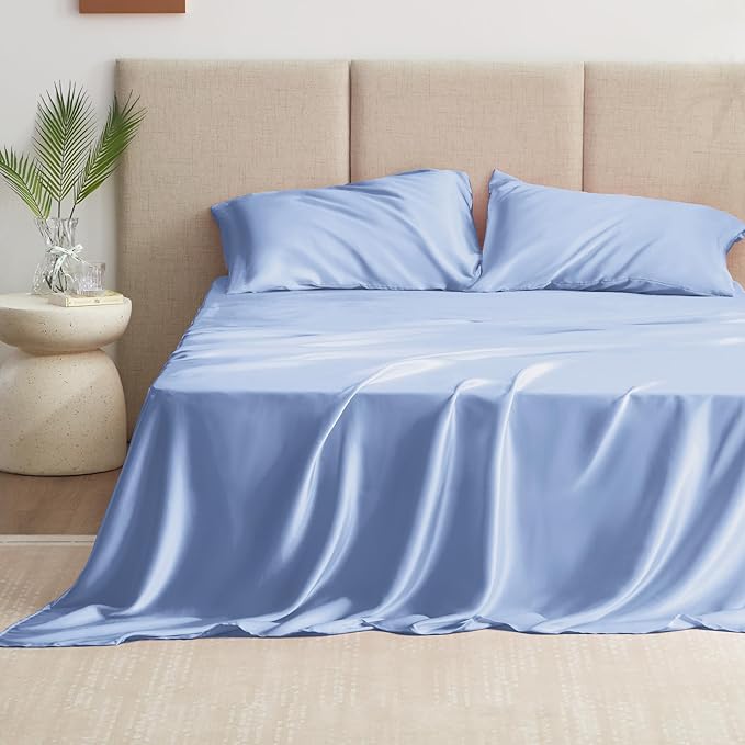 Love's cabin Twin XL Satin Sheet Sets - 3 Piece Sky Blue Silky Bed Sheets with Deep Pockets, Luxury Silk Feel Satin Sheet Set Twin XL (1 Flat Sheet,1 Fitted Sheet,1 Pillow case)