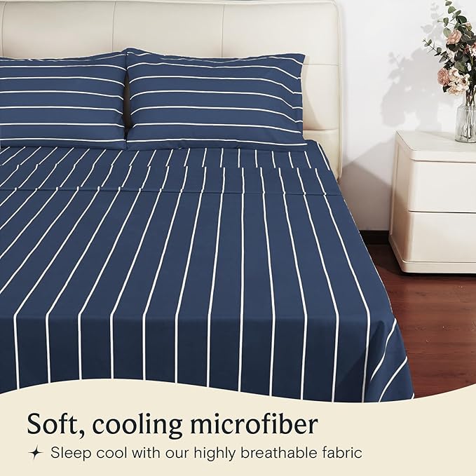 LuxClub 4 PC Queen Size Sheet Set Bed Sheets, Breathable Luxury Deep Pockets Wrinkle Free Cooling Sheets Machine Washable Hotel Bedding (Queen, Striped Navy)