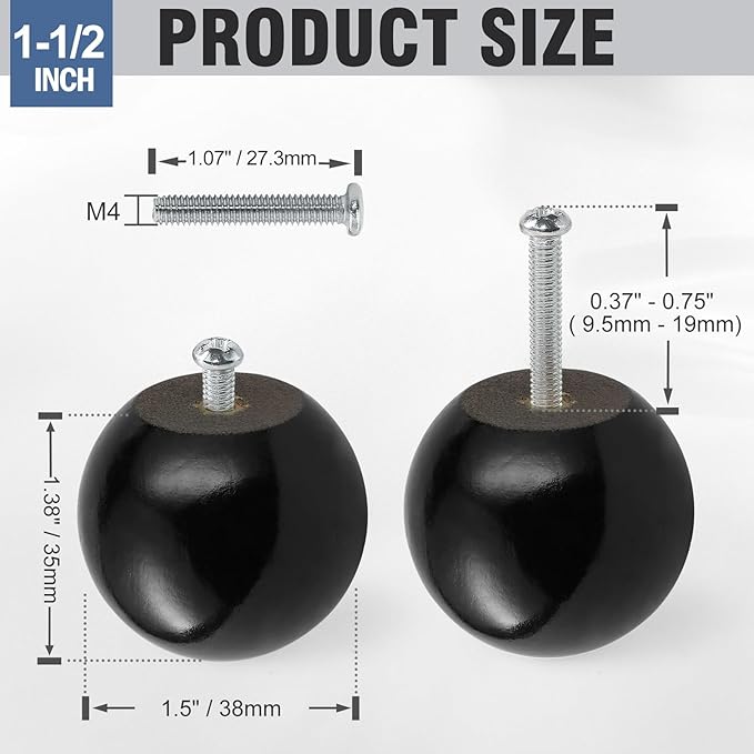 FoDau770 30pcs Black Wood Knobs, Round Ball Cabinet Knobs Vintage Drawer Pulls, Natural Wooden Cabinet Hardware for Furniture Drawer Dresser Wardrobe Cupboard - 1-1/2" Diameter
