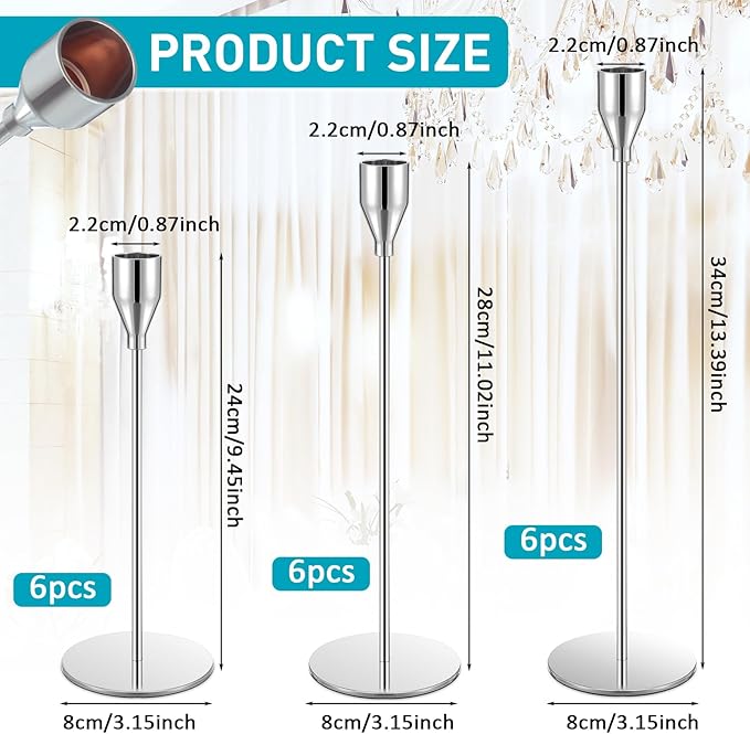 Set of 18 Tall Candlestick Holders Thin Metal Taper Candle Holders for Table Centerpiece Modern Decorative Pillar Candle Sticks Stand for Home Wedding Christmas Decoration(Silver)