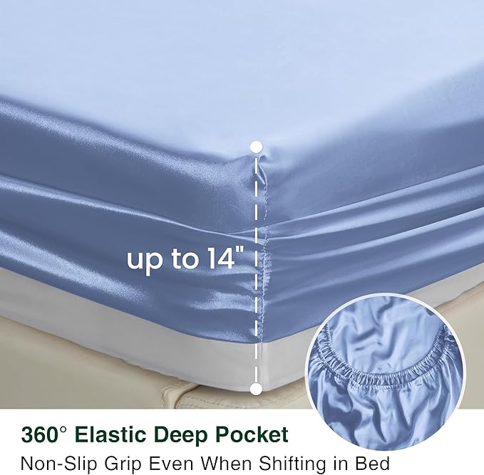 Love's cabin Satin Sheet Set - 3 Piece Sky Blue, Luxury Silky Feel, Twin Size, Deep Pockets, Wrinkle Resistant