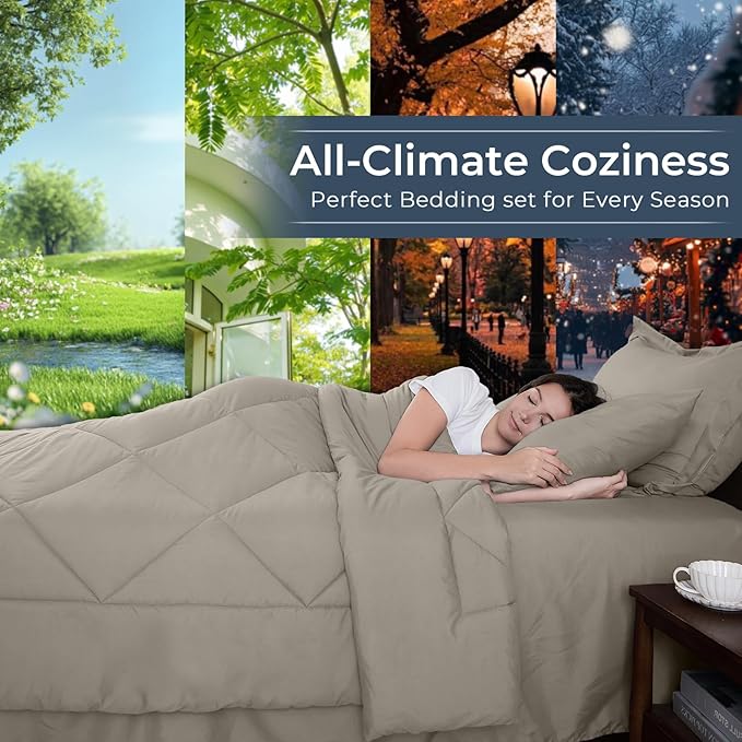 HEVUMYI Oatmeal Twin-XL Comforter Set - 5-Piece All Season Bed in a Bag Twin-XL, Ultra Soft Bedding Set with Comforter, Flat Sheet, Fitted Sheet, Pillowcases, Pillow Shams