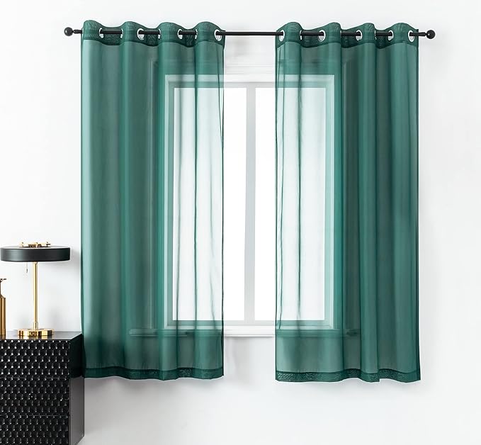 DUALIFE Hunter Green Sheer Curtains 54 Inch Length,Look Semi Sheer Curtain Drapes for Living Room Bedroom Loft Kitchen Bathroom Privacy Voile Window Treatment Panels,52 x 45 Inches,Set of 2
