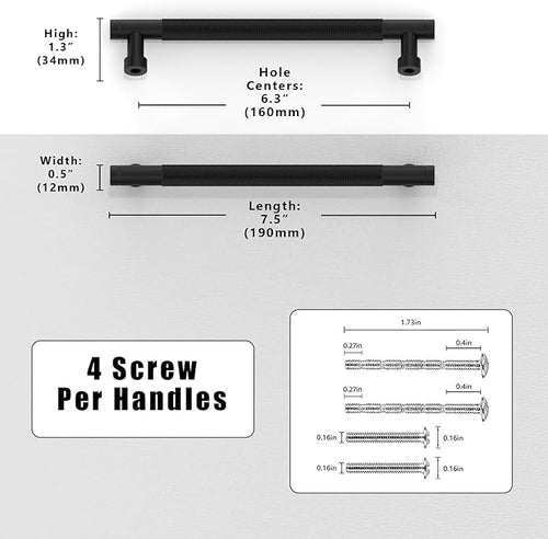 10 Pack Matte Black Knurled Cabinet Pulls 6.3 Inch(160mm) Kitchen Cabinet Handles Solid Zinc Alloy Cabinet Hardware Drawer Pulls