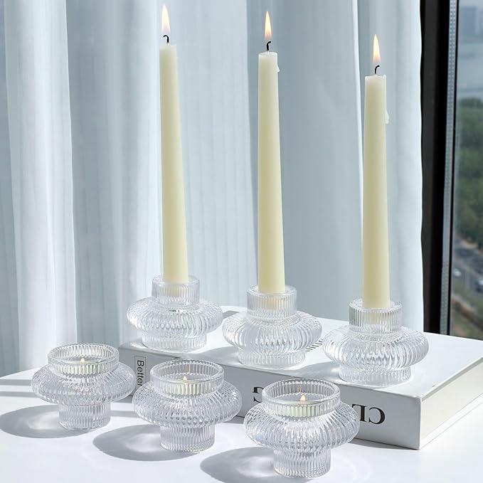 VOHO Vintage Candlestick Holders Set of 6, Dual Sided Candle Sticks Holder Decor for Taper Candles/Tea Lights Candles, Ribbed Candle Holder for Dining Table Centerpiece, Wedding/Christmas Decor(Clear)