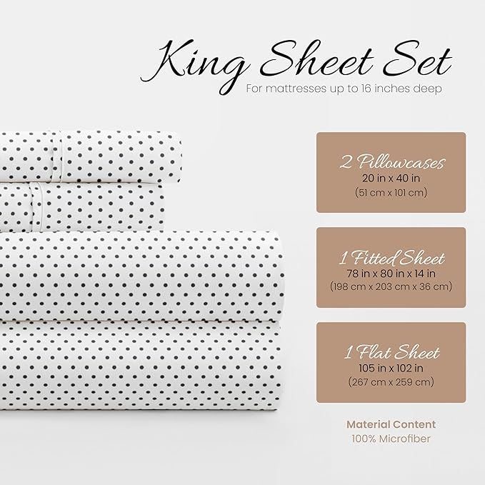Linen Market 4 Piece King Sheet Set - Breathable, Double-Brushed Patterned Cooling Sheets – Oeko-TEX Certified Ultra Soft & Wrinkle-Free 16" Deep-Pocket King Sheets - Easy Care Stippled Gray