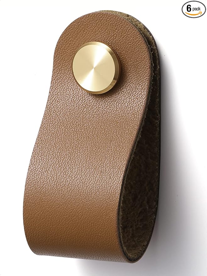 Brown Leather Drawer Pulls 6 Pack Leather Handles Cabinet knobs for Kitchen Cabinet Drawers Bathroom Dressers…