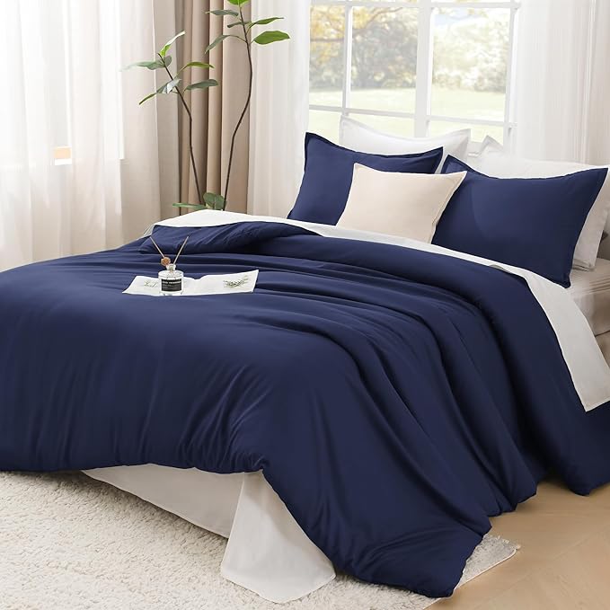 Litanika Comforters Navy Blue Super King Plus Size, 3 Pieces Lightweight Solid Bedding Set & Collections, All Season Fluffy Bed Set (128x120In Comforter & 2 Pillowcases)
